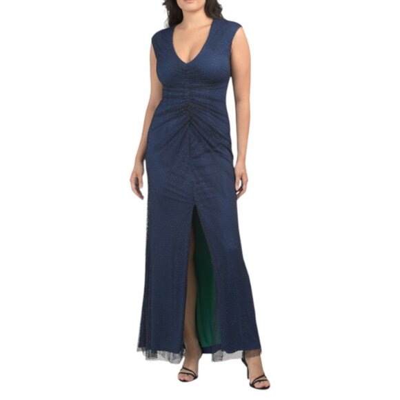 BETSY & ADAM Navy/Green Mesh Overlay V-neck Gown - Picture 1 of 2